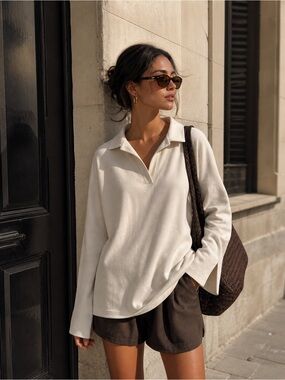 Djerf Avenue Daily Organic Cotton Collared Knit Top Cream | XXL |Scandi Neutral